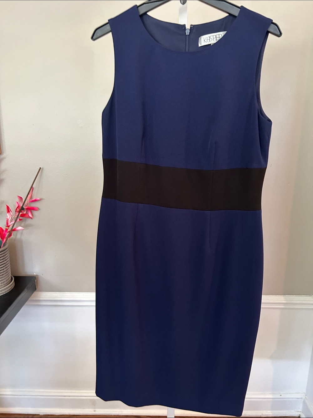 Kasper Navy Sheath Dress with Black Waist Panel